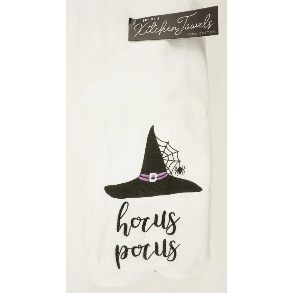 New Set of Two Hocus‎ Pocus Halloween Kitchen Towels White Witches Hat & Spider